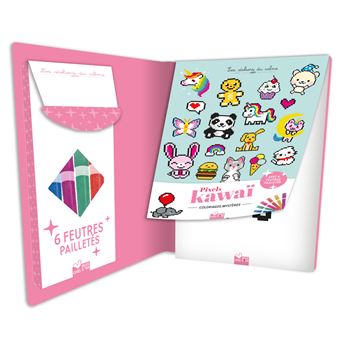 Coloriages Pixel kawaii - pochette 6 feutres pailletés