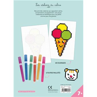 Coloriages Pixel kawaii - pochette 6 feutres pailletés