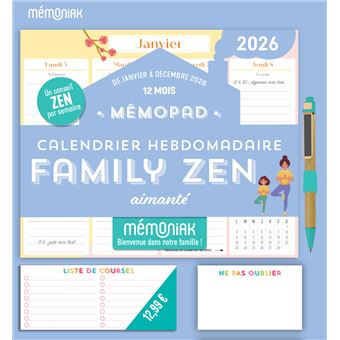 Mémopad   Calendrier hebdomadaire aimanté Mémoniak Family Zen 2026 12 mois