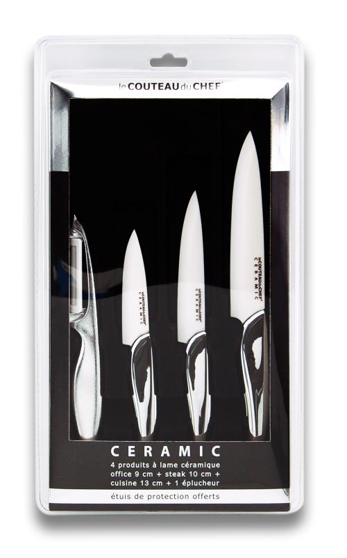 Coffret 3 Couteaux + 1 Eplucheur Tarrerias Bonjean Couteau du Chef en  Céramique Manche Argent
