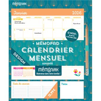 Mémopad Calendrier mensuel aimanté 2026 - Design (12 mois)
