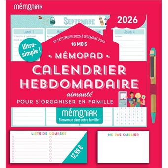 Bloc rigide Mémopad Calendrier hebdomadaire Mémoniak 2026