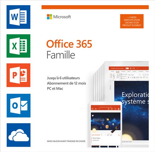 Microsoft Office 365 Famille FR 12 + 3 mois gratuits (6 utilisateurs)