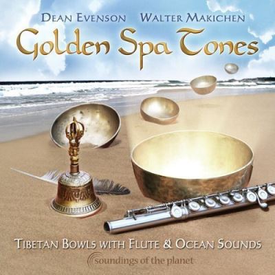 Golden spa tones tibetan bowls with flute and ocean