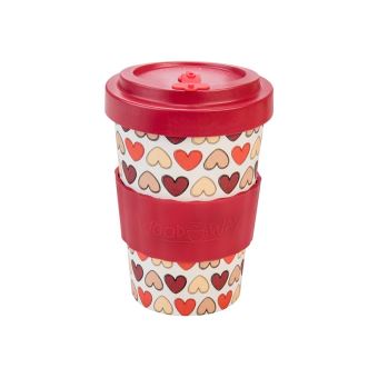 Mug en bambou Woodway motifs cœurs rétros rouge