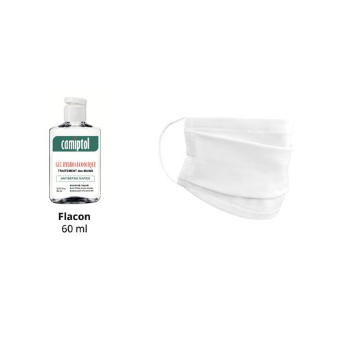 Gel Hydroalcoolique Camiptol 60 ml + Masque lavable Reborn MK10 Blanc + Lingettes désinfectantes Rekt