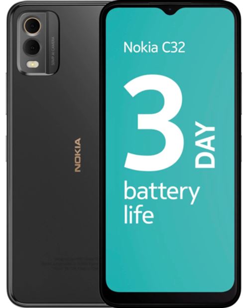 Nokia C32 - 4G smartphone - double SIM - RAM 6 Go / Mémoire interne 128 Go - microSD slot - 6.5 - 2x caméras arrière 50 MP, 2 MP - front camera 8 MP - Charbon