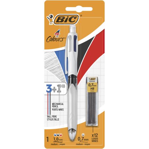 Stylo à bille Bic 4 couleurs avec étui de 12 mines