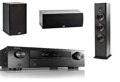 Enceinte bibliothèque Polk T15 Noir + Enceinte colonne T50 Noir + Enceinte centrale T30 Noir + Ampli-tuner Home Cinéma Denon AVR-X250BT Noir