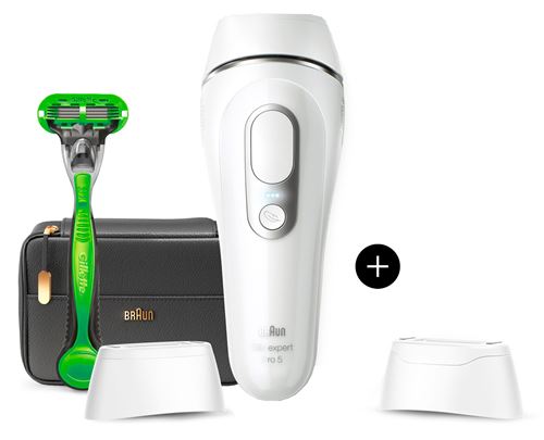 Braun Ipl Pro 5 (Épilateur A Lumière Pulsée) - Avec Rasoir Et Pochette - Blanc/Argent - Pour Homme
