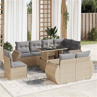Conjunto de sofás para jardim com almofadões vidaXL | 9 Peças | vime PE bege - 1