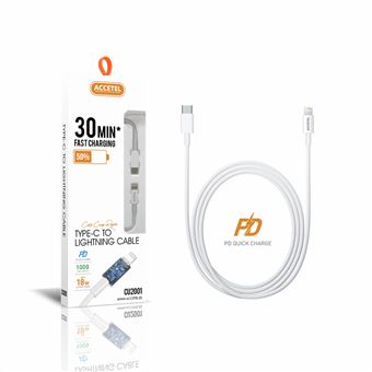 Cabo PD Lightning Accetel CU-2001 para Apple iPhone 15 Ultra | Rápida Velocidade de Carregamento | 1M | 18W | 3A | Branco - 1