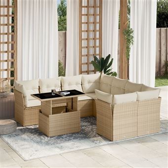 Conjunto de sofás para jardim com almofadões vidaXL | 9 Peças | vime PE bege - 1