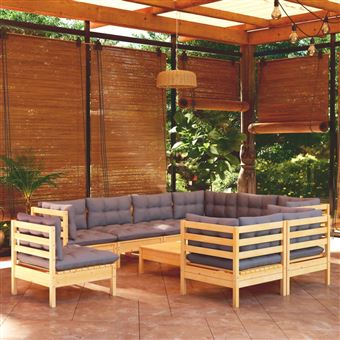 Conjunto lounge de jardim com almofadões vidaXL | 10 Peças | cinza pinho maciço - 1