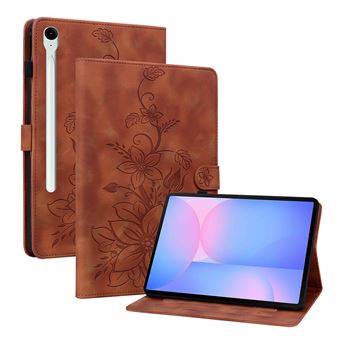 Capa FLOODKING para Samsung Galaxy Tab S10 FE Plus | Couro PU Premium | Design em Relevo de Lírio | Suporte Dobrável | Porta-Caneta | Castanho - 1