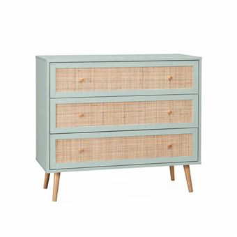 Cómoda sweeek com efeito madeira e cana | 3 gavetas | verde celadon - 1