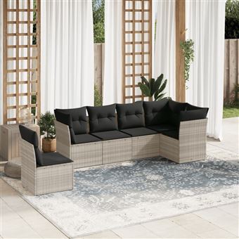 Conjunto sofás jardim com almofadões vidaXL | 6 Peças |  vime PE cinzento-claro - 1