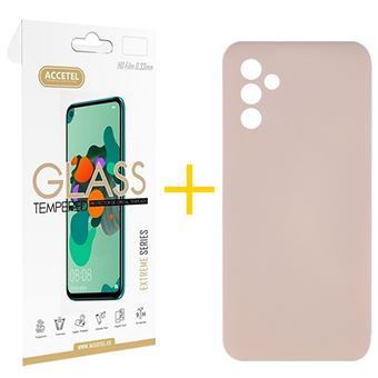 Pack 1 x Película de Vidro Temperado 2.5D + Capa Accetel para Samsung Galaxy S25 5G | Silicone Líquido | Rosa-Creme - 1