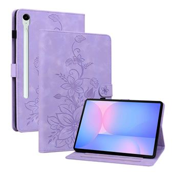 Capa FLOODKING para Samsung Galaxy Tab S10 FE Plus | Couro PU Premium | Design em Relevo de Lírio | Suporte Dobrável | Porta-Caneta | Roxo - 1