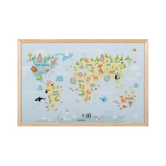 Mapa do Mundo Zoo com Quadro Magnético Bi-Office | 600 x 400 mm | Moldura de Pinho - 1
