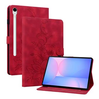 Capa FLOODKING para Samsung Galaxy Tab S10 FE Plus | Couro PU Premium | Design em Relevo de Lírio | Suporte Dobrável | Porta-Caneta | Vermelho - 1