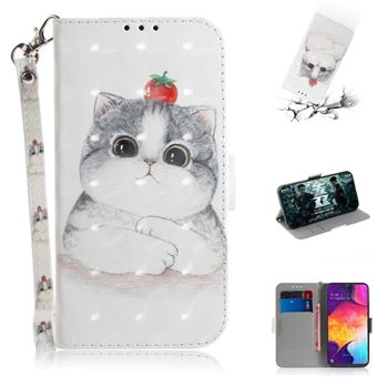 Capa PU Magunivers padrão de impressão impressão impressão spot spot decor gato segurando um tomate para Samsung Galaxy A50