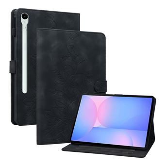 Capa FLOODKING para Samsung Galaxy Tab S10 FE Plus | Couro PU Premium | Design em Relevo de Lírio | Suporte Dobrável | Porta-Caneta | Preto - 1