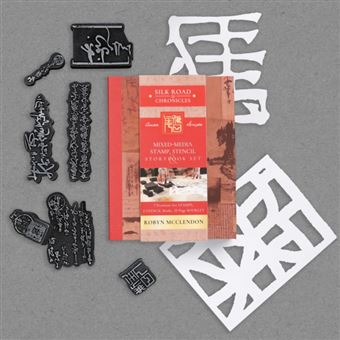 Mixed-Media Stamp, Stencil, and Storybook Set Asian Scripts 7 Premium Art Stamps, 2 Stencil Masks, and 32-Page Instruction Booklet; Great for Gel Plate Printing - 1