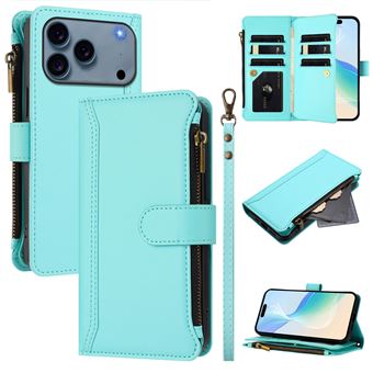 Capa FOXDOCK para iPhone 17 Pro Max | Pele Premium | 9 Compartimentos para Cartões | Alça de Pulso Amovível - Verde claro - 1