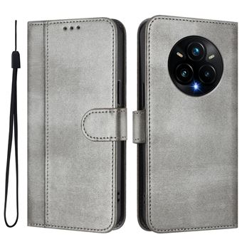 Capa FOXDOCK para Realme 14 Pro Plus 5G | Estilo Vintage | TPU com Textura de Pele Antiderrapante | Compartimentos para Cartões e Suporte | Cinza - 1