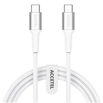 Cabo de Carregamento Rápido de Nylon Flex Accetel 60W 3.0A 100cm com Tecnologia PD Type C - Type C para Apple iPhone 15 Pro - Branco - 1
