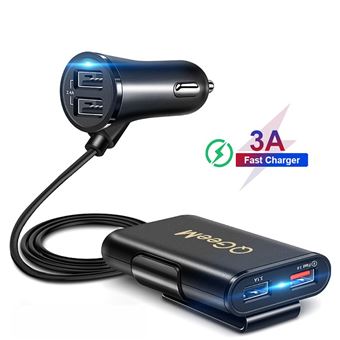 Carregador de Isqueiro QGeeM com Carregamento Rápido e 2+2 Portas USB com Cabo 1.7 m - Preto - 1