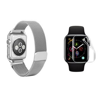 Kit Bracelete Milanese Loop Fecho Magnético + Película de Gel Full Cover Phonecare para Apple Watch Series 11 - 46mm | Cinza / Transparente - 1