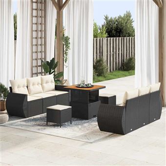 Conjunto de Sofá de Jardim com Almofada vidaXL | 9 Peças | Preto vime PE - 1