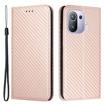 Capa magunivers PU auto-absorvente magnético, textura de fibra de carbono com suporte e alça ouro rosa para Xiaomi Mi 11 Pro - 1