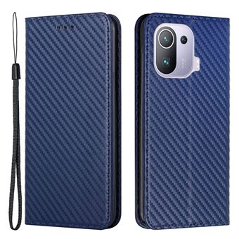 Capa magunivers PU auto-absorvente magnético, textura de fibra de carbono com suporte e alça azul para Xiaomi Mi 11 Pro - 1