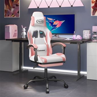 Cadeira gaming vidaXL giratória com apoio pés couro artificial branco/rosa - 1