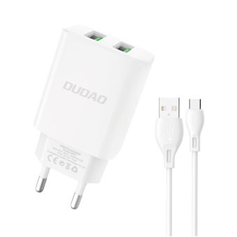 Carregador de Dispositivos Móveis DUDAO EU charger 2xUSB 2.4A 5V white Type C cable | Branco - 1