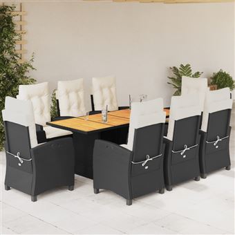 Conjunto de jantar para jardim com almofadões vidaXL | 9 Peças | vime PE preto - 1
