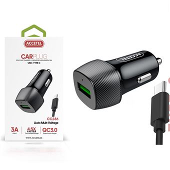 Pack Carregador Auto USB + Cabo Type-C CC286 Accetel para Oppo A58 4G 3A. 18W. Rápida Velocidade de carregamento 4.5X Preto - 1