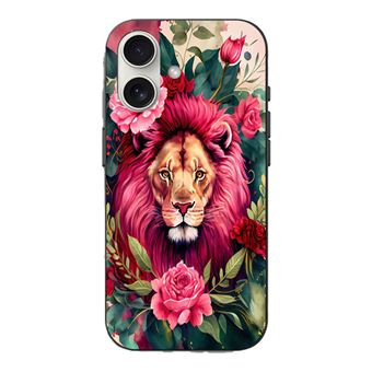 Capa Maniacase para Iphone 16 Cabeça de leão com flores e folhas - 1