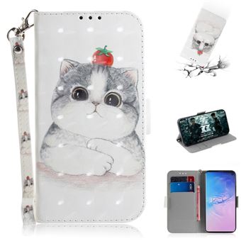 Capa Magunivers PU padrão de impressão spot decor gato segurando um tomate para Samsung Galaxy S10