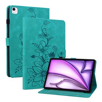Capa FLOODKING para iPad Air 11 2025/2024 | Couro PU Premium | Design em Relevo de Lírio | Suporte Dobrável | Porta-Caneta | Verde - 1