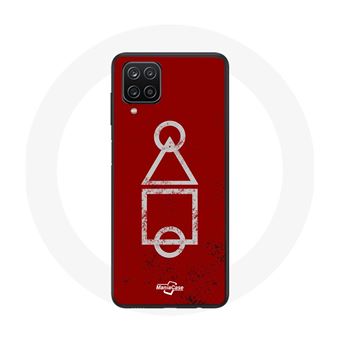 Capa Maniacase para Samsung Galaxy A12 Squid Game Logotipo Símbolos Círculo Borda Triângulo Fundo Vermelho - 1