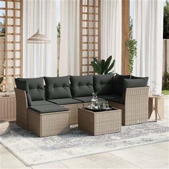 Conjunto sofás jardim com almofadões vidaXL | 7 Peças |  vime PE cinzento-claro - 1
