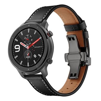 Pulseira de Couro Genuíno Magunivers | 22mm | Fivela Borboleta | Preta /Preta | para Huami Amazfit GTR 47mm - 1