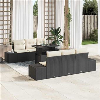 Conjunto de Sofás com Almofada vidaXL | 7 Peças | Preto e Creme vime PE - 1