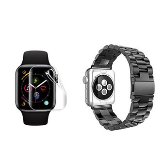 Kit Bracelete de Aço + Ferramenta + Película de Gel Full Cover GIFT4ME para Apple Watch Series 11 - 46mm | Preto / Transparente - 1