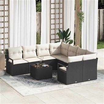 Conjunto de Sofás com Almofada vidaXL | 9 Peças | Preto e Creme vime PE - 1