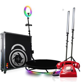 Photobooth 360 Fotomatonshop Photomaton 360 | Plataforma 360 - Telefone Audiobook + 2 Projectores LED com Tripé + 2 Controlos Remotos + Caixa com Rodas para Fácil Transporte - 1